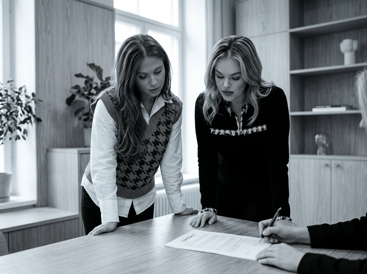Anna och Sara följer avtalet när en klient signerar