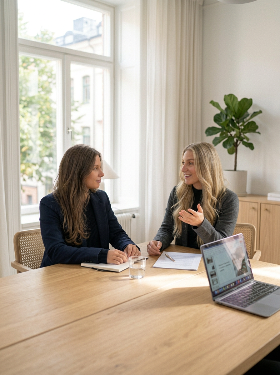 Lidia och Anna från Legely i samtal i en ljus skandinavisk kontorsmiljö