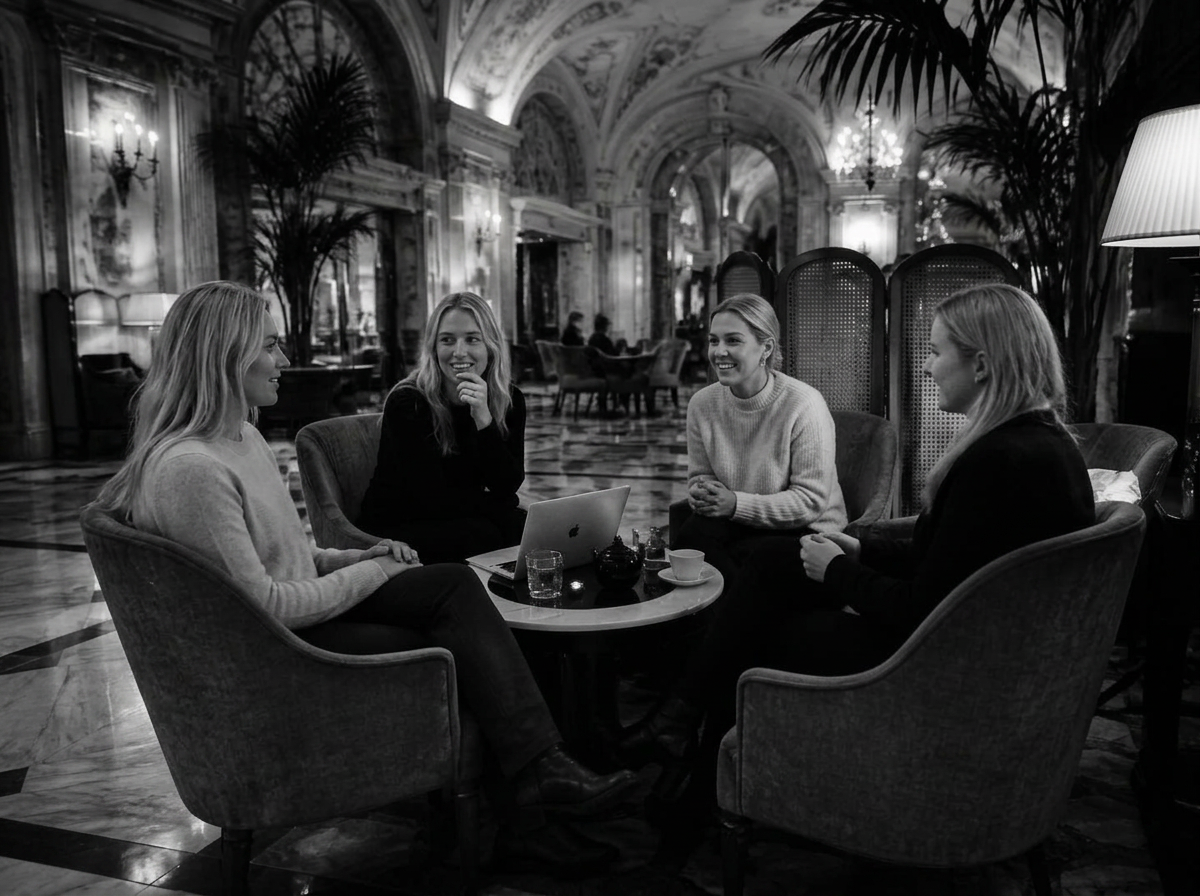 Linn, Lidia, Sara och Anna i samtal i en hotellounge